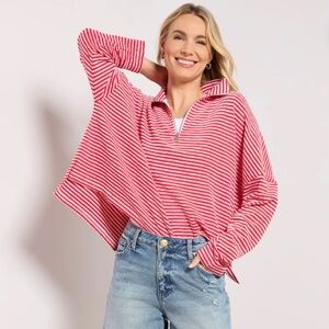 Splendid Besos Red and White Stripe Quarter Zip Pullover Top NWT Size Medium